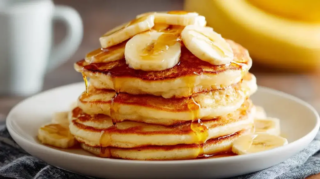Bananen-Pancakes – Schnell, Einfach & Unglaublich Lecker Frisch gebackene Bananen-Pancakes auf Teller mit Bananenscheiben und Ahornsirup