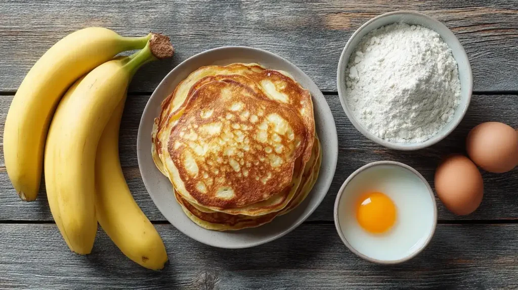 Bananen-Pancakes im Zentrum, umgeben von Bananen, Ei und Mehl