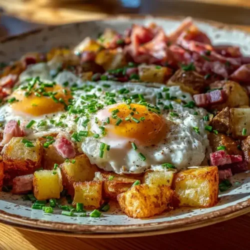 Deftiges Bauernfrühstück aus der Pfanne mit Bratkartoffeln, Speck, Schinken und Ei