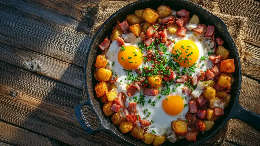 Deftiges Bauernfrühstück mit Hauptzutaten: Kartoffeln, Schinken, Speck, Eier und Zwiebeln