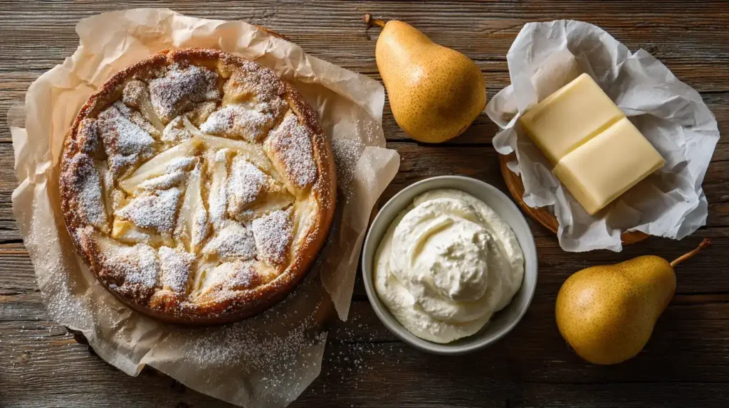 Cremiger Birnenkuchen mit Schmand in Stücke geschnitten auf Kuchengitter