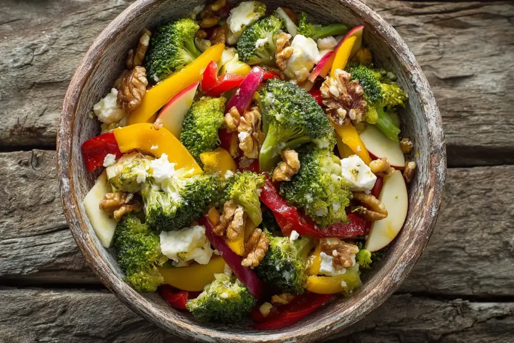 Bunter Brokkoli-Paprika-Apfel-Salat in Schüssel, gesund & frisch