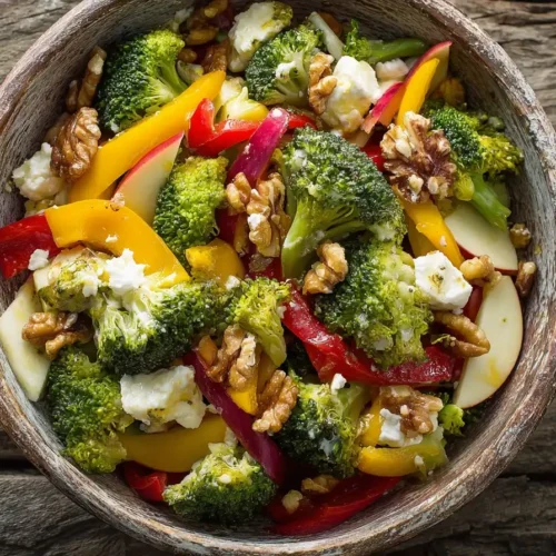 Bunter Brokkoli-Paprika-Apfel-Salat in Schüssel, gesund & frisch