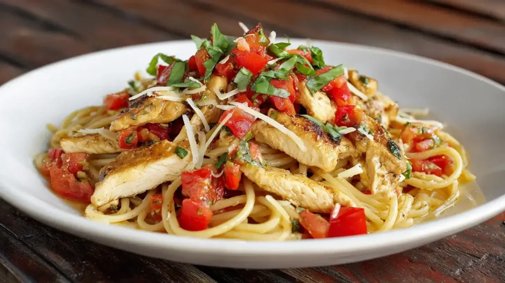Nahaufnahme von Bruschetta Pasta mit Hähnchenstreifen, frischen Tomaten und Basilikum