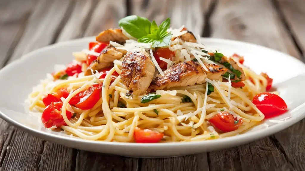 Bruschetta Pasta mit Hähnchenstreifen auf weißem Teller, garniert mit Basilikum und Parmesan