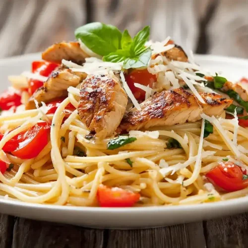 Bruschetta Pasta mit Hähnchenstreifen auf weißem Teller, garniert mit Basilikum und Parmesan