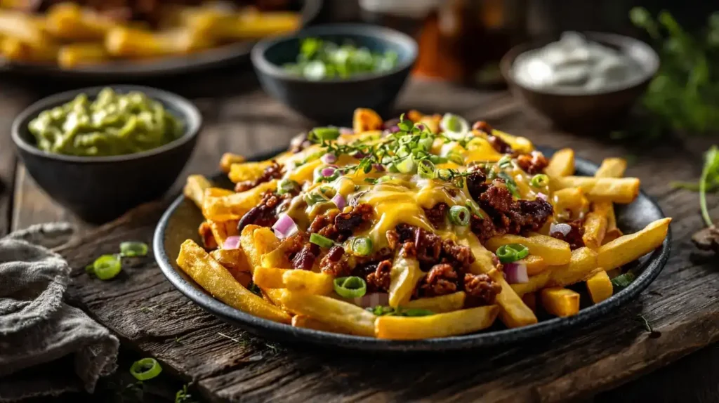 Knusprige Chili Cheese Fries mit frischen Kartoffeln und Guacamole auf rustikalem Teller serviert