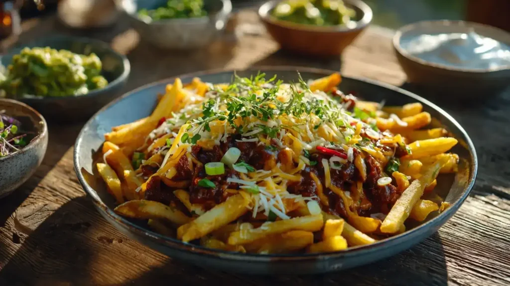 Chili Cheese Fries mit frischen Kartoffeln, überbacken mit Cheddar und Hackfleisch auf Backblech serviert