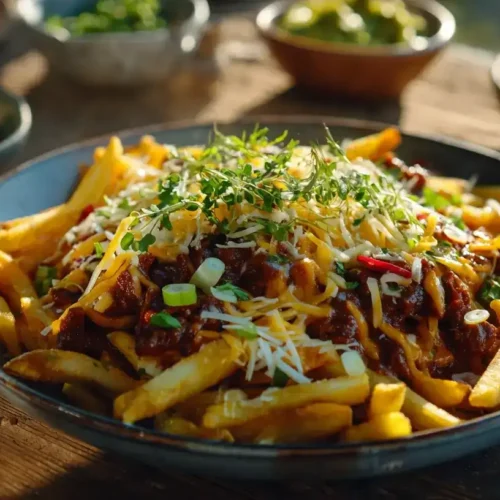 Chili Cheese Fries mit frischen Kartoffeln, überbacken mit Cheddar und Hackfleisch auf Backblech serviert