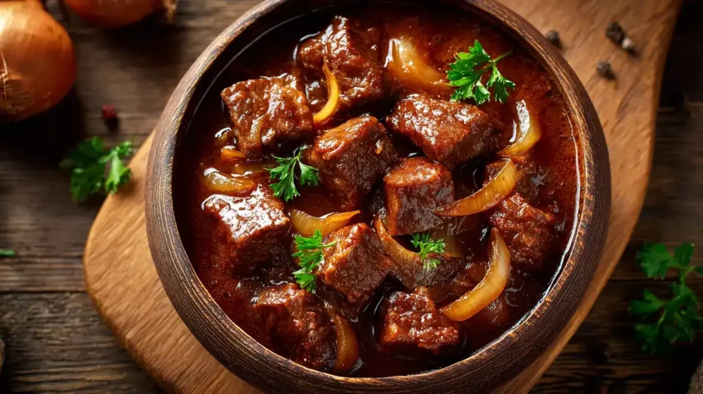Classic Beef Goulash in rustic bowl with rich sauce and tender beef