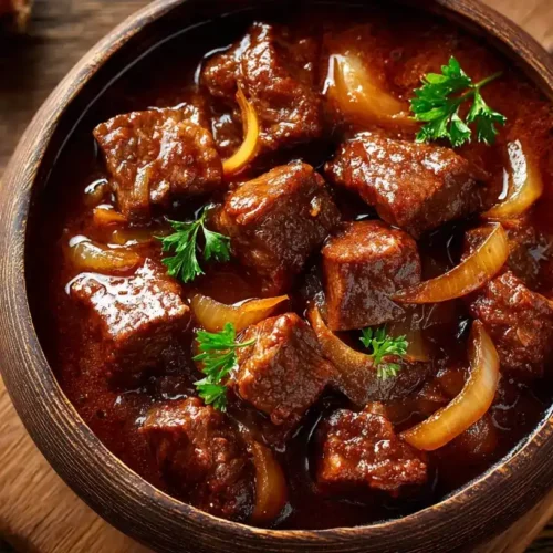 Classic Beef Goulash in rustic bowl with rich sauce and tender beef