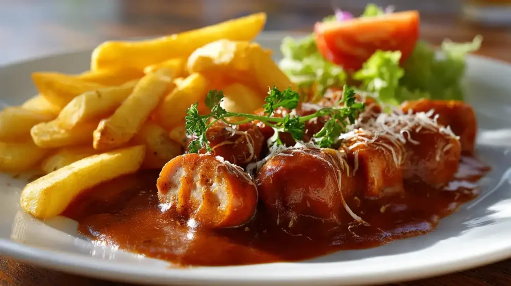 Currywurst Soße – Currywurst selber machen Frische Currywurst Soße über Bratwurst