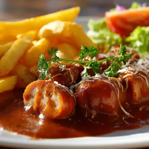 Frische Currywurst Soße über Bratwurst