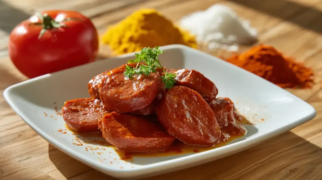 Currywurst Soße Zutaten angerichtet