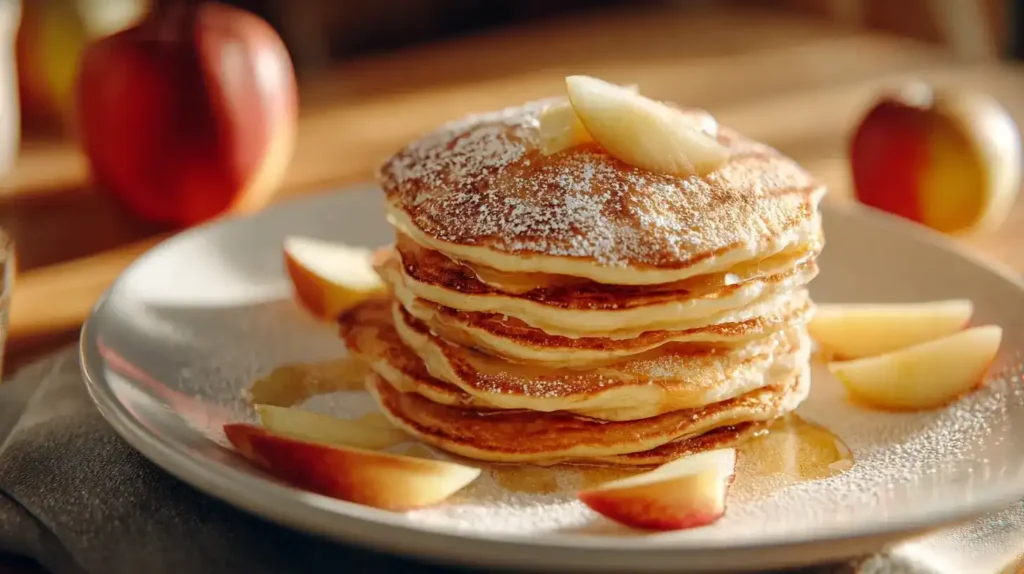 Klassische, fluffige Apfelpfannkuchen Klassische fluffige Apfelpfannkuchen auf weißem Teller, mit Puderzucker bestreut