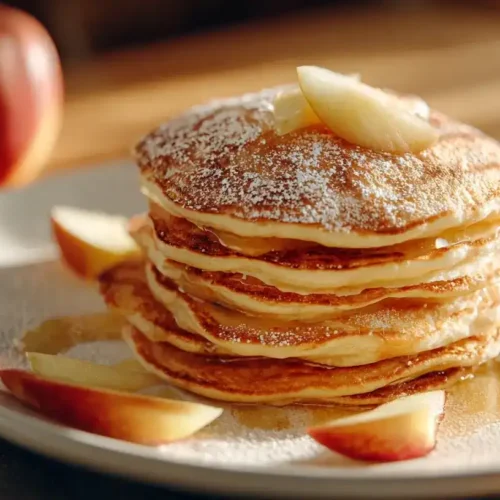 Klassische fluffige Apfelpfannkuchen auf weißem Teller, mit Puderzucker bestreut