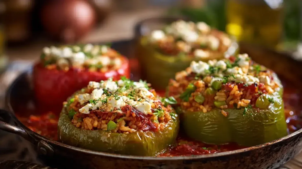Gefüllte Paprika – vegetarisch mit Reis und Feta | Einfach & lecker Gefüllte Paprika mit Reis und Feta in Tomatensoße – vegetarisches Ofengericht