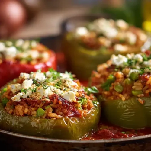 Gefüllte Paprika mit Reis und Feta in Tomatensoße – vegetarisches Ofengericht