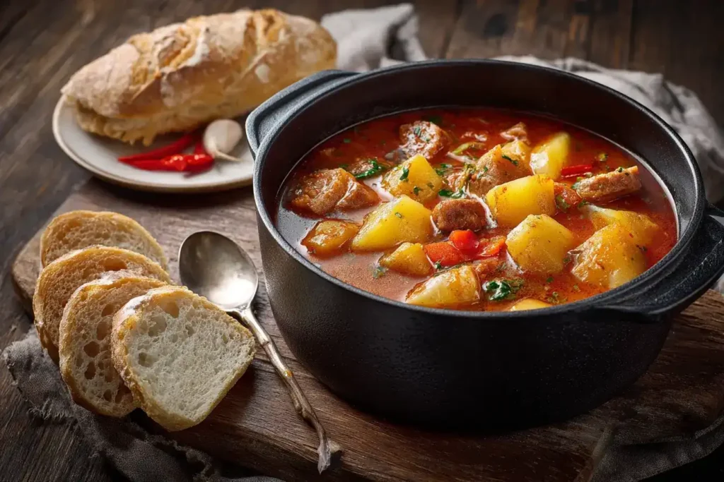 Gulaschsuppe mit zartem Rindfleisch im Zentrum und Paprika, Kartoffeln, Möhren rundherum arrangiert