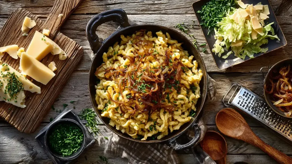 Nahaufnahme von cremigen Käsespätzle mit goldbraunen Röstzwiebeln und geschmolzenem Käse