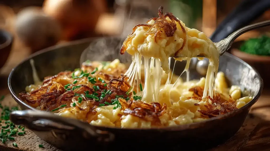 Käsespätzle mit Röstzwiebeln in einer gusseisernen Pfanne, cremig mit geschmolzenem Bergkäse und frischem Schnittlauch