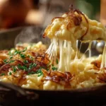 Käsespätzle mit Röstzwiebeln in einer gusseisernen Pfanne, cremig mit geschmolzenem Bergkäse und frischem Schnittlauch