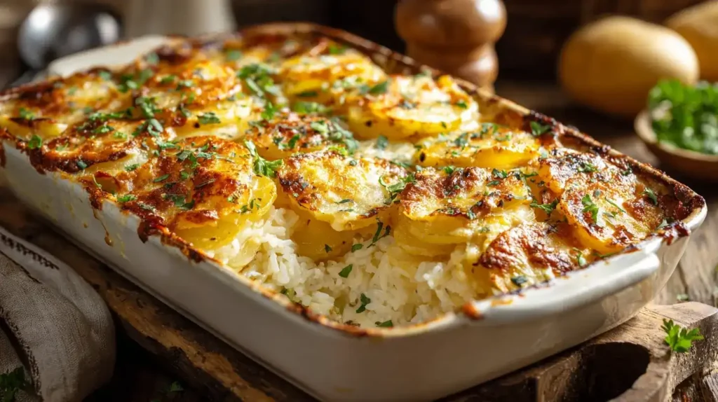 Kartoffel-Reis-Gratin Balkan Style frisch aus dem Ofen, cremig und mit Mozzarella überbacken