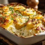 Kartoffel-Reis-Gratin Balkan Style frisch aus dem Ofen, cremig und mit Mozzarella überbacken
