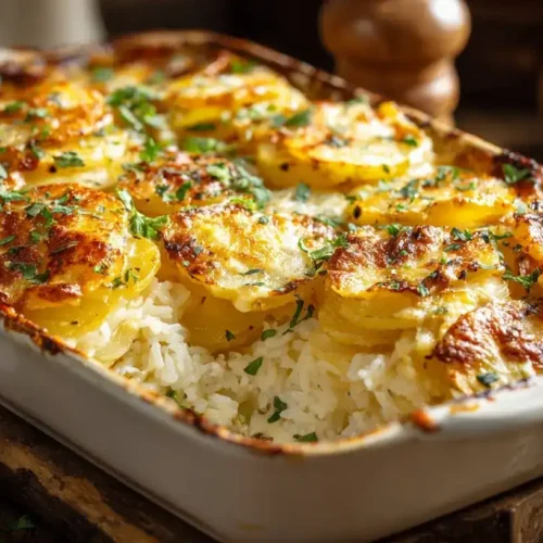 Kartoffel-Reis-Gratin Balkan Style frisch aus dem Ofen, cremig und mit Mozzarella überbacken