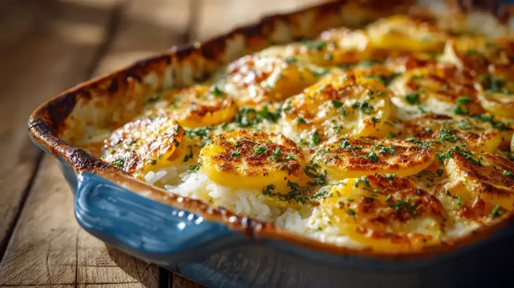 Portion Kartoffel-Reis-Gratin Balkan Style auf Teller serviert, mit goldener Kruste und frischen Kräutern