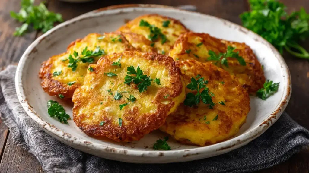 Kartoffelpuffer – schnell und einfach Knusprige Kartoffelpuffer frisch auf Teller serviert