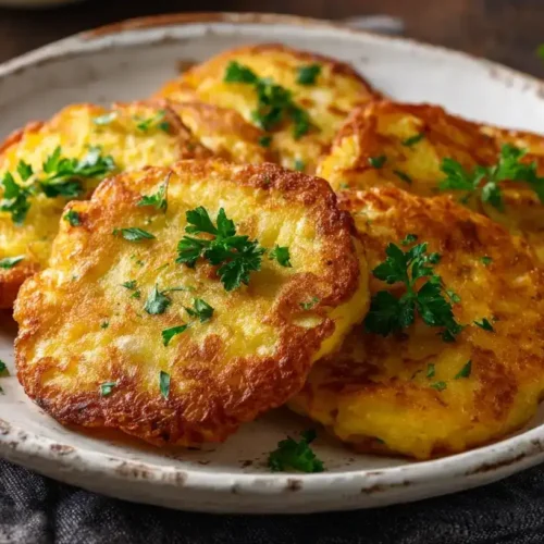 Knusprige Kartoffelpuffer frisch auf Teller serviert