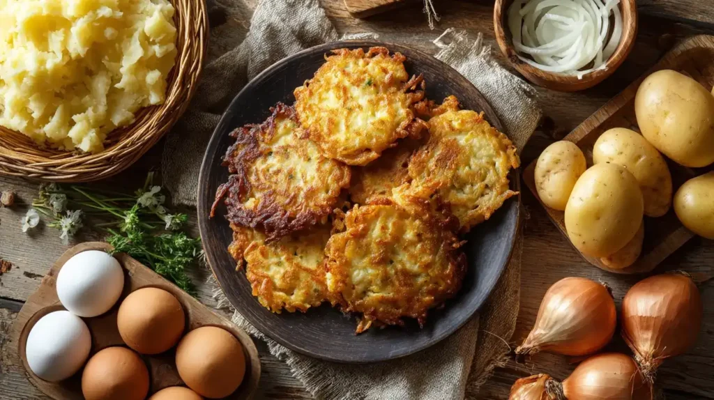 Kartoffelpuffer mit Kartoffeln, Eiern und Zwiebeln dekorativ angerichtet