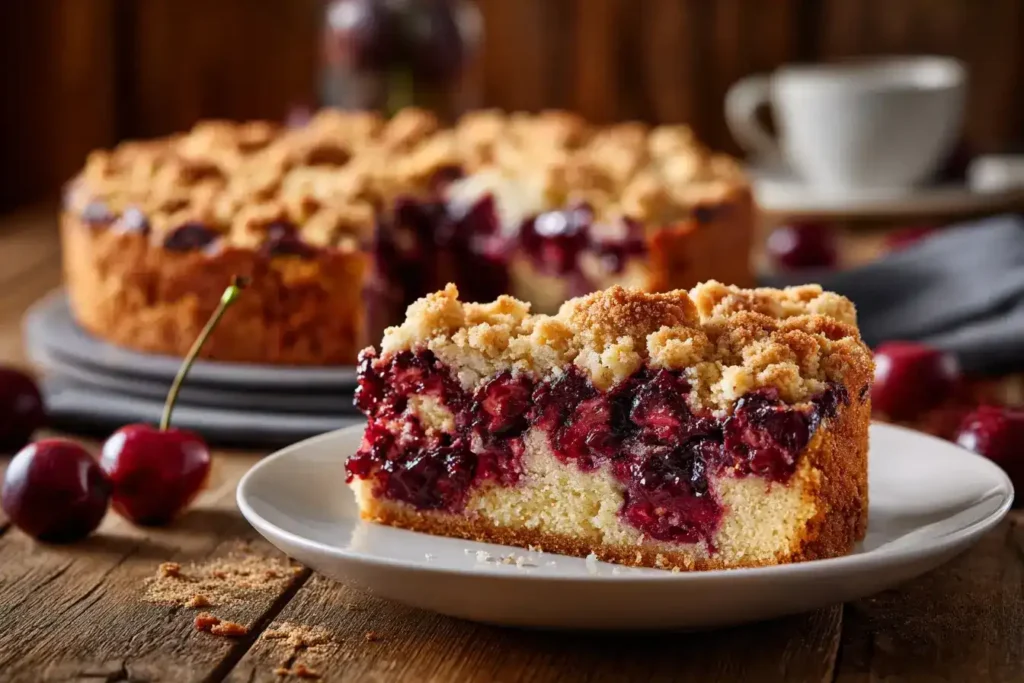 Saftiger Kirschkuchen mit goldbraunen Butterstreuseln und Marzipan auf weißer Kuchenplatte, perfekt serviert