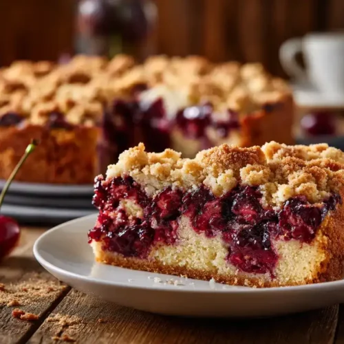 Saftiger Kirschkuchen mit goldbraunen Butterstreuseln und Marzipan auf weißer Kuchenplatte, perfekt serviert