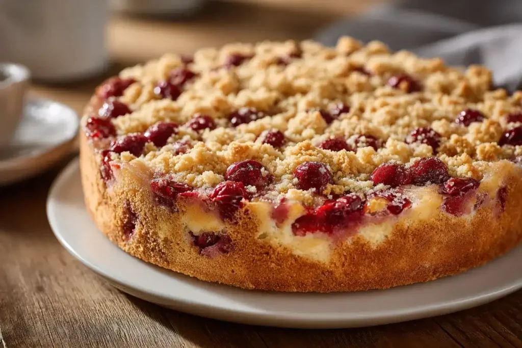 Zutaten für Kirschkuchen mit Streuseln – frische Kirschen, Butter, Mehl und Marzipan auf rustikalem Holztisch angerichtet