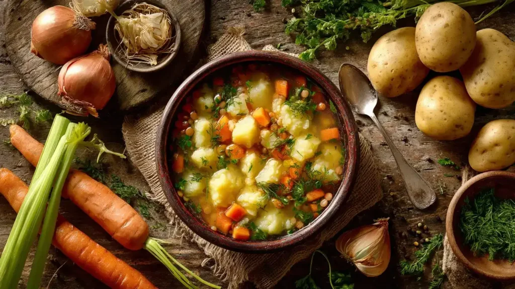 Zutaten für klassischen Linseneintopf auf Holzbrett mit Linsen, Möhren, Kartoffeln