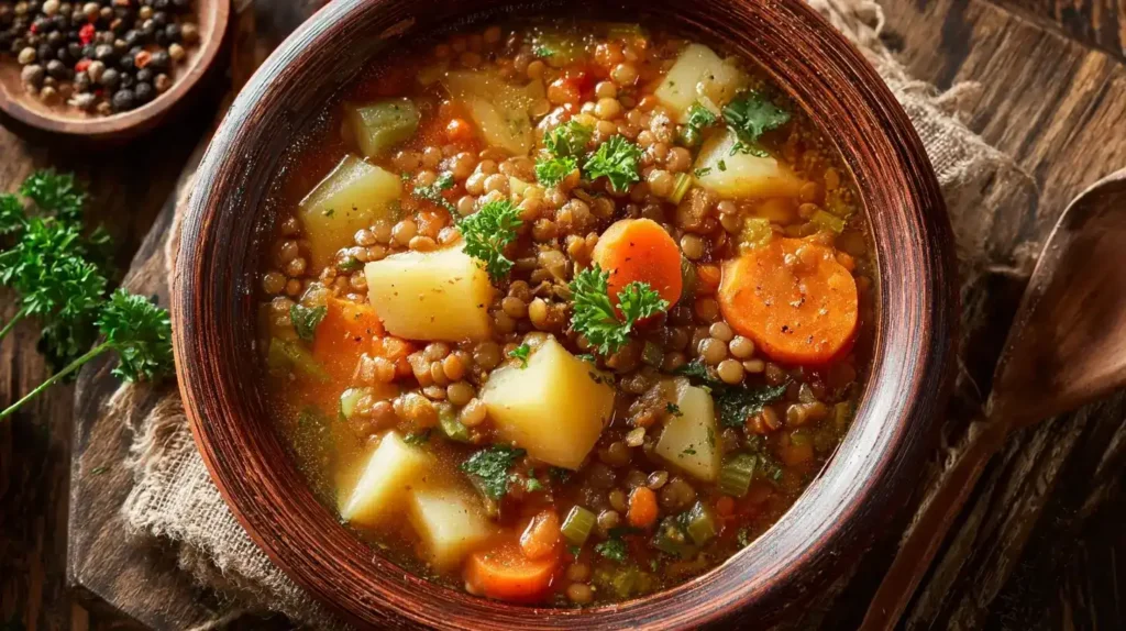 Servierter klassischer Linseneintopf mit Kartoffeln, Möhren, Sellerie und Petersilie