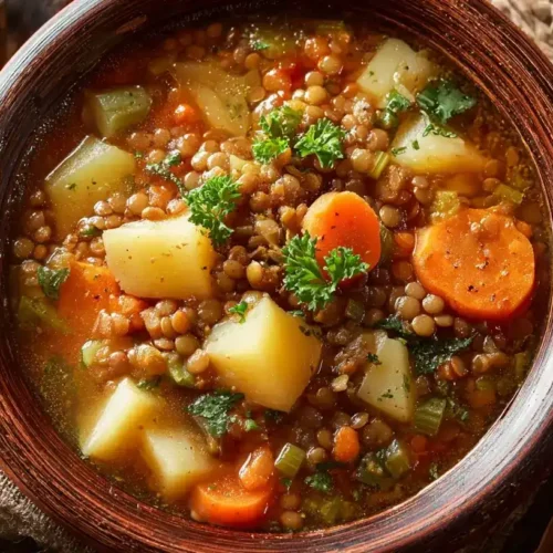 Servierter klassischer Linseneintopf mit Kartoffeln, Möhren, Sellerie und Petersilie