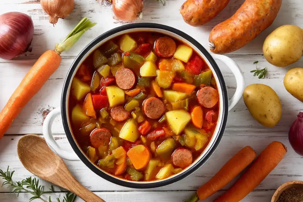 Klassischer Möhreneintopf serviert in einem weißen Suppenteller, garniert mit frischer Petersilie