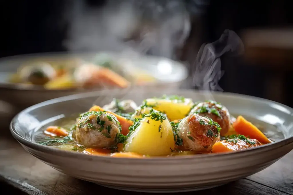 Klassischer Möhreneintopf Zutaten: Möhren, Kartoffeln, Zwiebeln, Knoblauch und Mettwürstchen auf Holzbrett