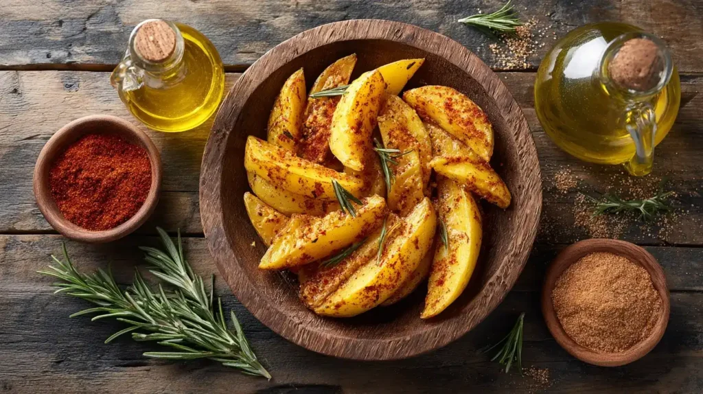 Servierfertige knusprige Ofenkartoffeln mit Kräutern und Dips