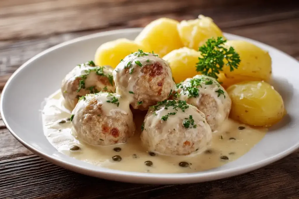 Königsberger Klopse auf Teller, umgeben von Hackfleisch, Kapern und Zwiebeln
