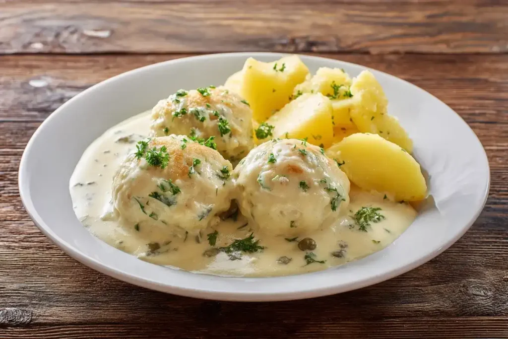Königsberger Klopse – der einfache Klassiker Königsberger Klopse mit Kapernsoße und Salzkartoffeln serviert auf einem Teller