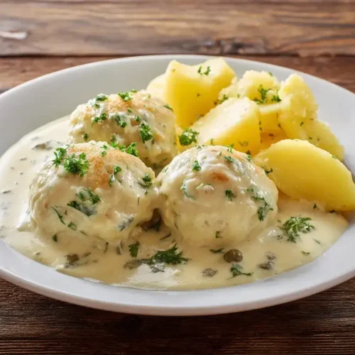 Königsberger Klopse mit Kapernsoße und Salzkartoffeln serviert auf einem Teller