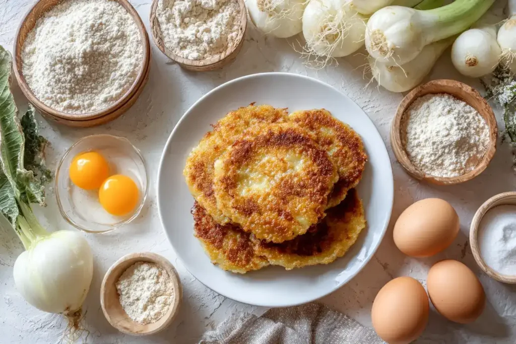 Servierte Kohlrabischnitzel in der Mitte, umgeben von frischen Kohlrabi, Eiern und Paniermehl