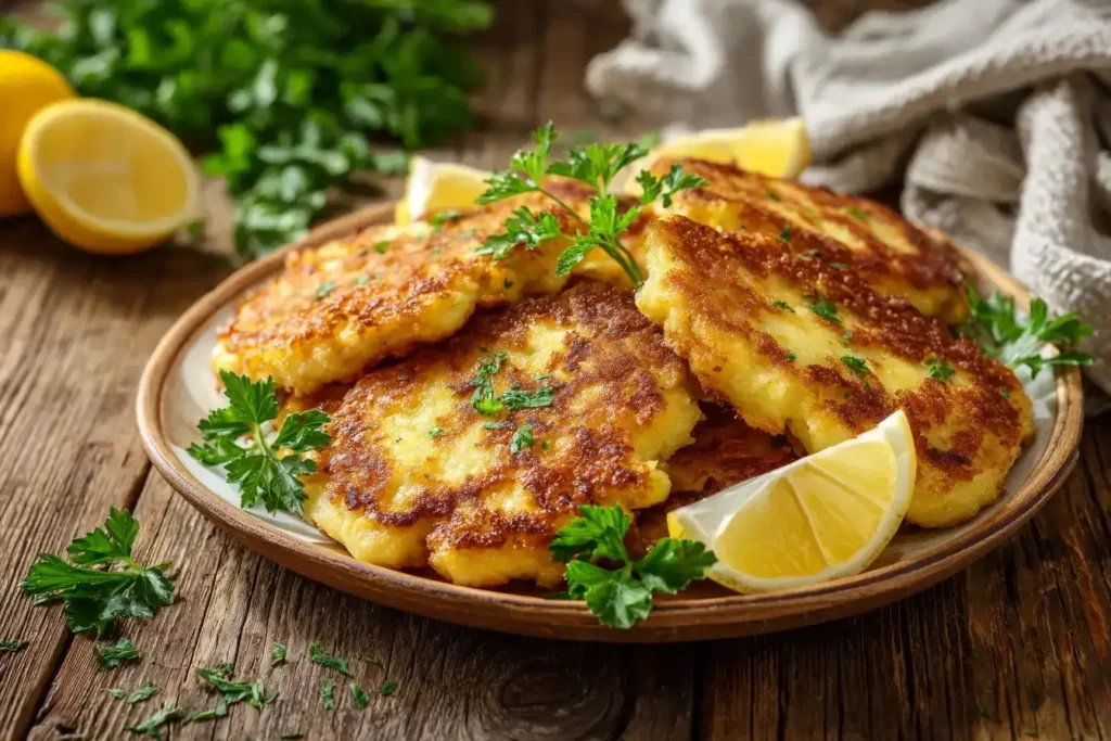 Kohlrabischnitzel – Knusprig, herzhaft und einfach köstlich Knusprige Kohlrabischnitzel auf Teller mit Zitrone und Kräutern, goldbraun gebraten