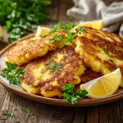 Knusprige Kohlrabischnitzel auf Teller mit Zitrone und Kräutern, goldbraun gebraten