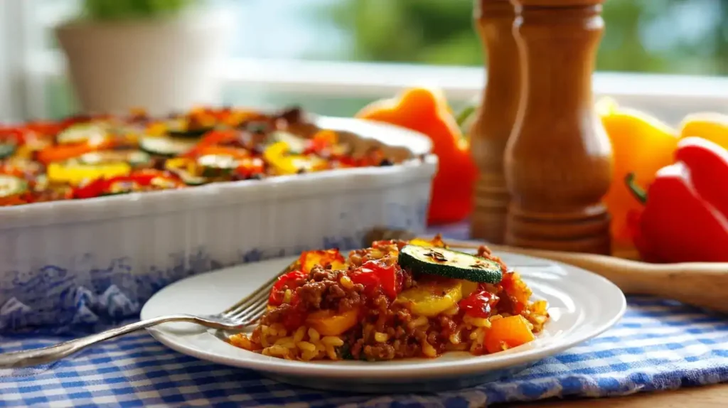 Kritharaki-Auflauf mit Hackfleisch und Feta frisch aus dem Ofen auf Teller serviert
