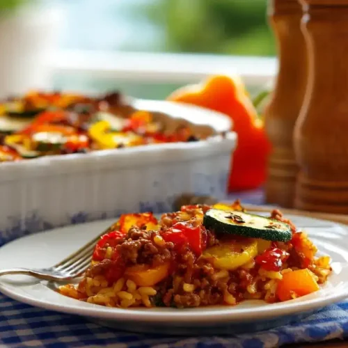 Kritharaki-Auflauf mit Hackfleisch und Feta frisch aus dem Ofen auf Teller serviert